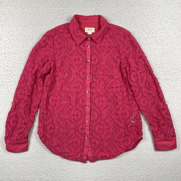 Maeve Anthropologie Shirt Womens 6 Pink Blouse Lace Sheer Boho Top Career Casual - Picture 1 of 16